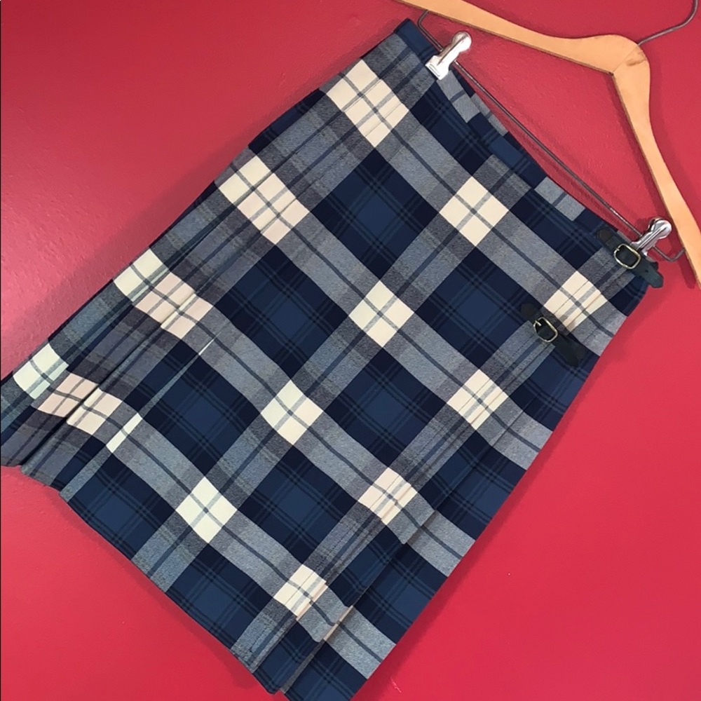 Eddie Bauer Blue and Cream Plaid Kilt Style Skirt